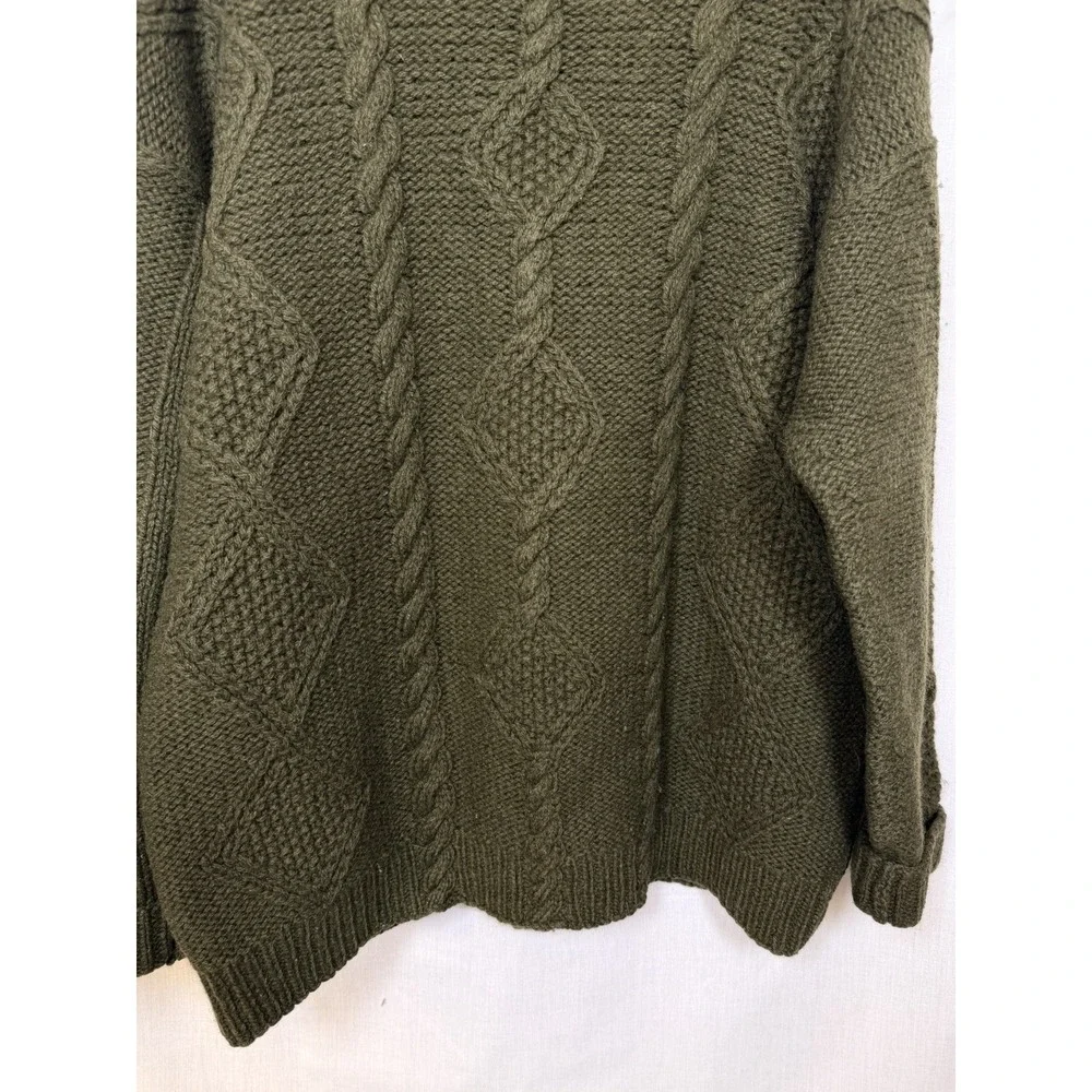 VTG Hand Knit Shetland Wool Cable Knit Turtleneck Sweater Womens M‎ Green Chunky